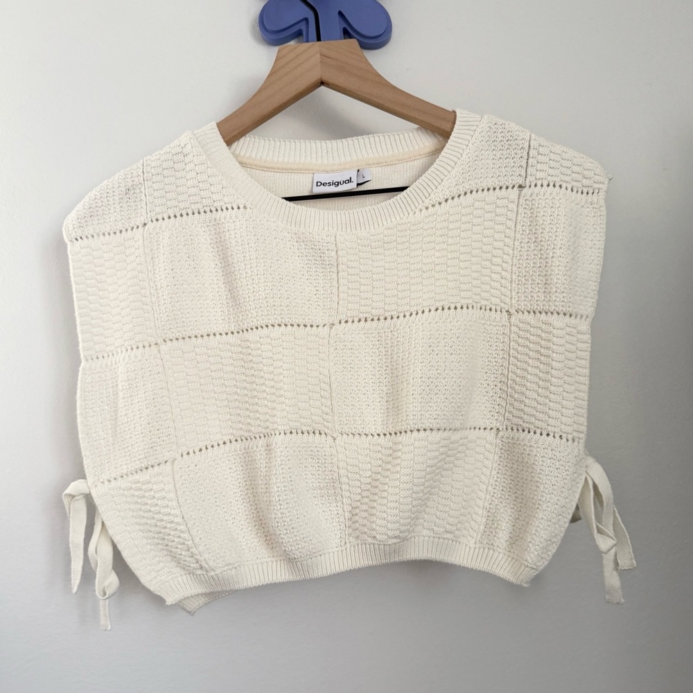 Desigual Large Crop Crochet Knit Sweater Vest Ivory Tie Coastal Beach Minimal